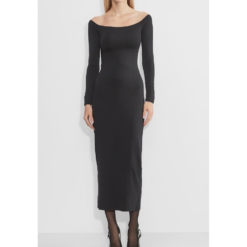 Aritzia Contour Off-Shoulder Maxi Dress Black Long Sleeve Bodycon Large 120815